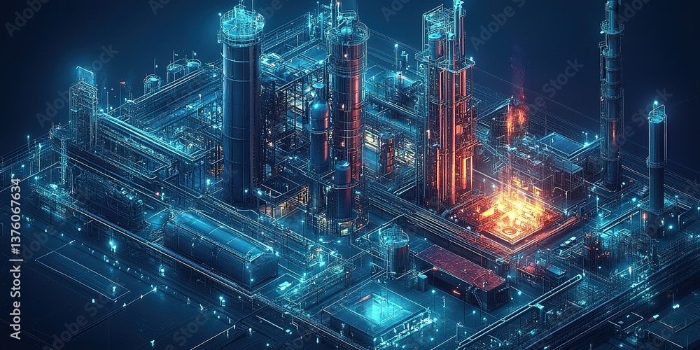 Industrial complex with neon lighting at night featuring active flames and high-tech machinery Industrial complex with neon lighting at night featuring active flames and high-tech machinery