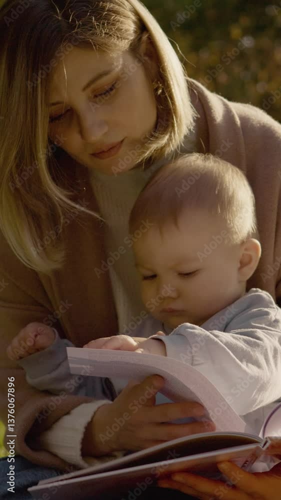 Vertical Screen: Young mother enjoys quality time with her baby, reading a book together in a peaceful park setting Vertical Screen: Young mother enjoys quality time with her baby, reading a book together in a peaceful park setting