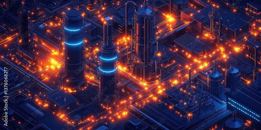 Cityscape at night showcasing illuminated industrial buildings and intricate network of glowing lines Cityscape at night showcasing illuminated industrial buildings and intricate network of glowing lines