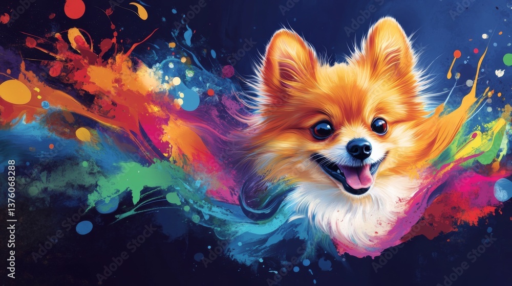 Obraz premium Happy Baby Dog Illustrated in Painting Style with Color Splash