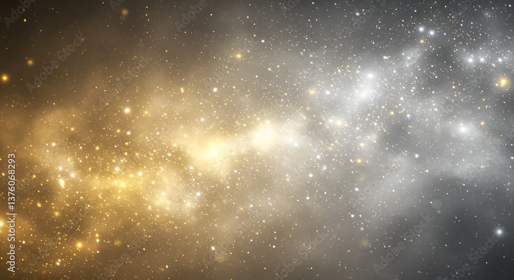 Obraz premium A soft and ethereal cosmic nebula with golden and silver mist, scattered with tiny glowing particles, creating a surreal galactic dreamscape.