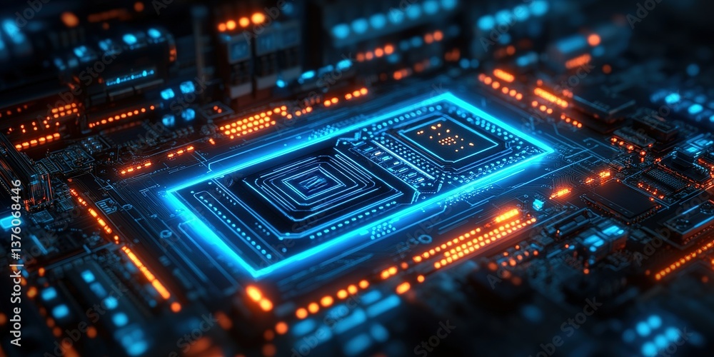 Detailed view of a futuristic circuit board illuminated by blue and orange lights in a digital environment Detailed view of a futuristic circuit board illuminated by blue and orange lights in a digital environment