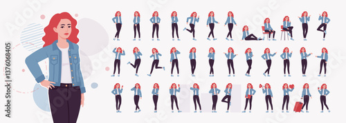Woman with dyed red hair wearing denim jacket character set. Attractive bright female, trendy sport shoes, jeans for relaxed city life style life bundle, female model posing. Vector illustration