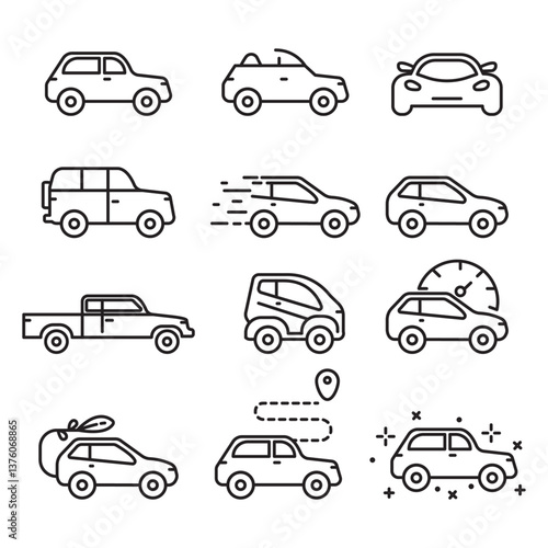 Set of editable line art car themed icons
