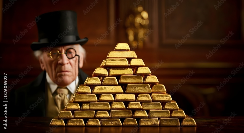 Concetto di ricchezza e sfruttamento capitalistico, accumulo di risorse aurifere, lingotti di oro