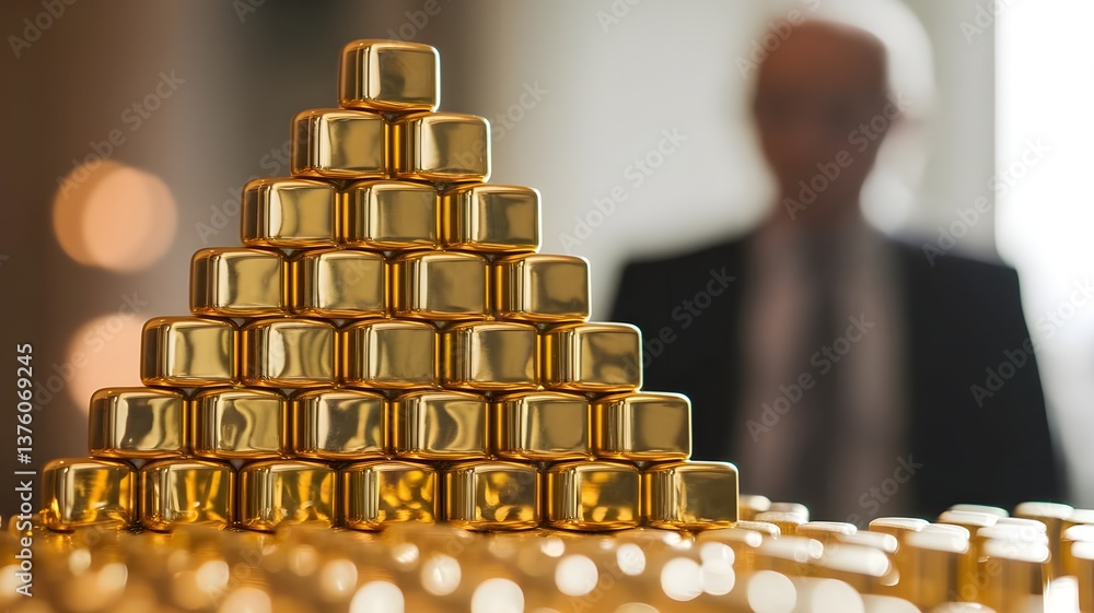 Concetto di ricchezza e sfruttamento capitalistico, accumulo di risorse aurifere, lingotti di oro
