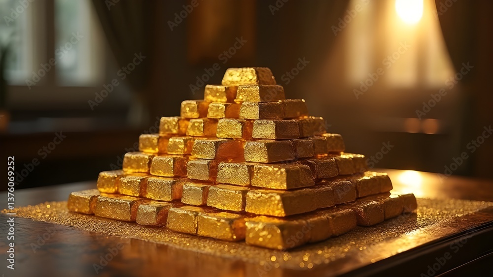 Concetto di ricchezza e sfruttamento capitalistico, accumulo di risorse aurifere, lingotti di oro