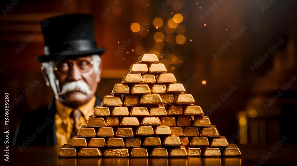 Concetto di ricchezza e sfruttamento capitalistico, accumulo di risorse aurifere, lingotti di oro