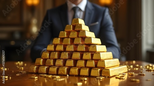 Concetto di ricchezza e sfruttamento capitalistico, accumulo di risorse aurifere, lingotti di oro