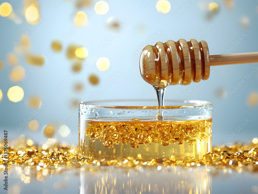 Golden Honey Dripping Into a Jar with Bright Sparkling Background Golden Honey Dripping Into a Jar with Bright Sparkling Background