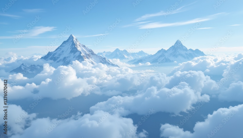 The breathtaking scene of towering snow capped peaks piercing through a sea of ethereal clouds The breathtaking scene of towering snow capped peaks piercing through a sea of ethereal clouds