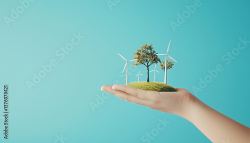 Wallpaper Mural Hand presenting miniature world with tree and wind turbines, symbolizing climate change awareness and sustainability Torontodigital.ca