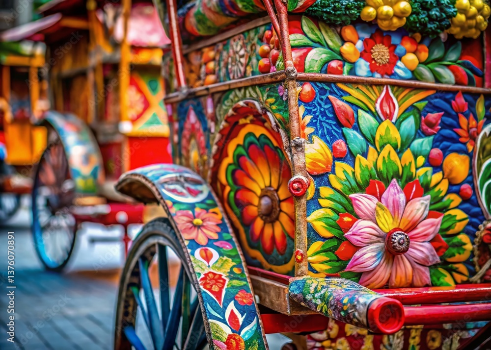Fototapeta premium Thai Tricycle with Intricate Floral Patterns - Authentic Documentary Style Stock Photo