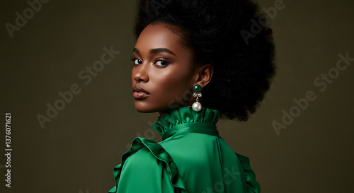 Portrait of a dark-skinned model with stunning features, showcasing her natural beauty and confident expression, captured in a stylish and elegant style