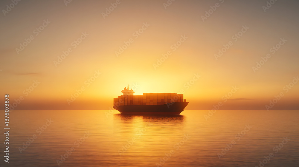 Cargo ship sailing through calm ocean at sunset, stacked containers.
Cargo ship sailing through calm ocean at sunset, stacked containers.