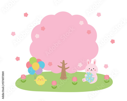 An Easter concept with a rabbit holding an egg and a chick holding a balloon under a cherry blossom tree. Easter is a time to celebrate the resurrection and bless each other by exchanging eggs.