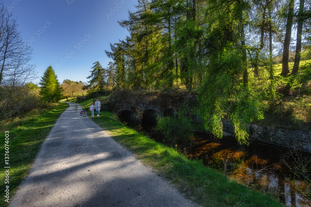 Mother and daughter on serene path alongside a flowing stream, surrounded by vibrant trees and greenery, an ideal spot for leisurely walks, Bohernabreena Reservoir, Dublin, Ireland