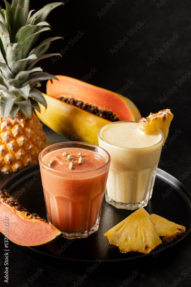 Indian Pineapple and Papaya lassie, cocktail or smoothie on black background. Traditional healthy vegan Asian beverage. Close up.