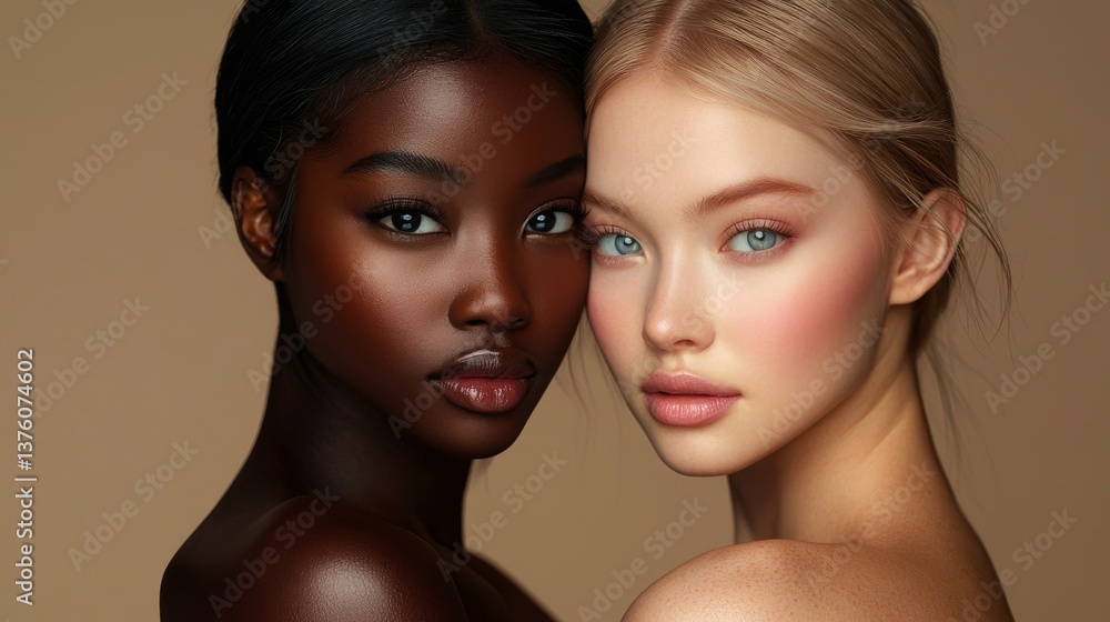 Harmonious Contrast: Two Women Showcase Radiant Skin and Elegant Makeup Harmonious Contrast: Two Women Showcase Radiant Skin and Elegant Makeup