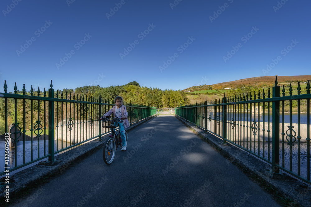 A child joyfully rides a colorful bicycle across a picturesque bridge, amidst lush greenery and a clear blue sky, perfect for outdoor adventures and freedom, Bohernabreena Reservoir, Dublin, Ireland