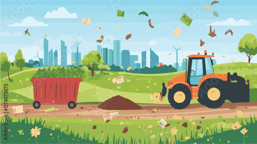 Tractor collecting waste in park near city.