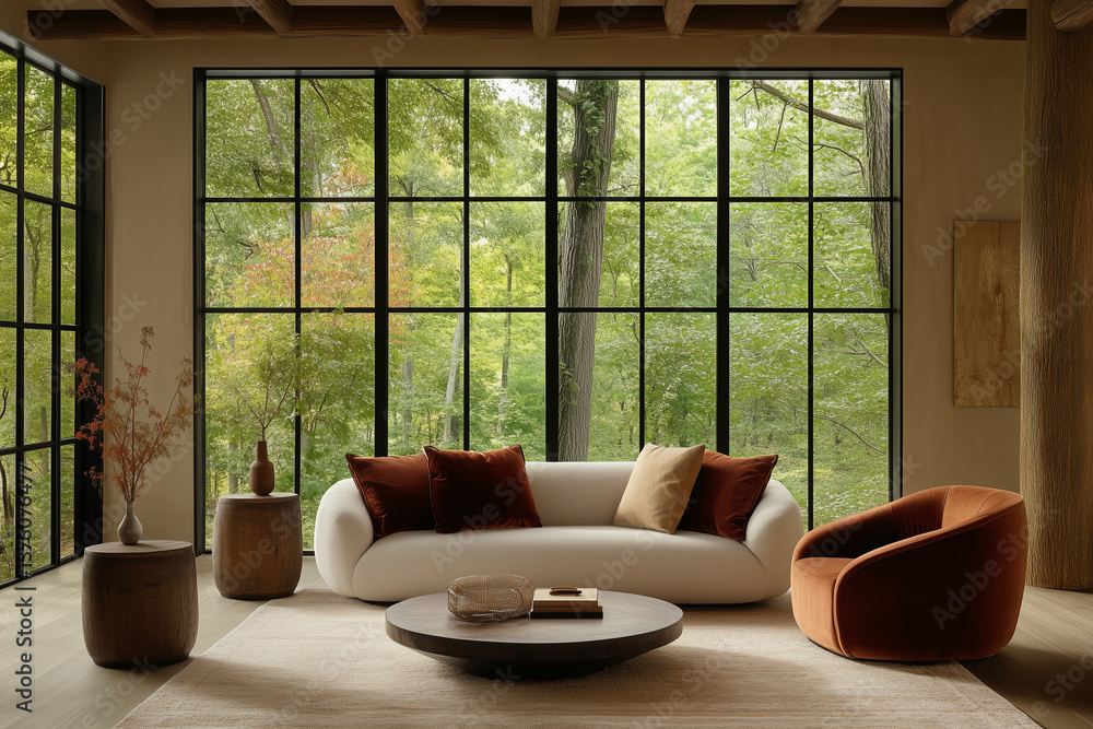 Modern Living Room with Scenic Forest View and Black Frame Windows