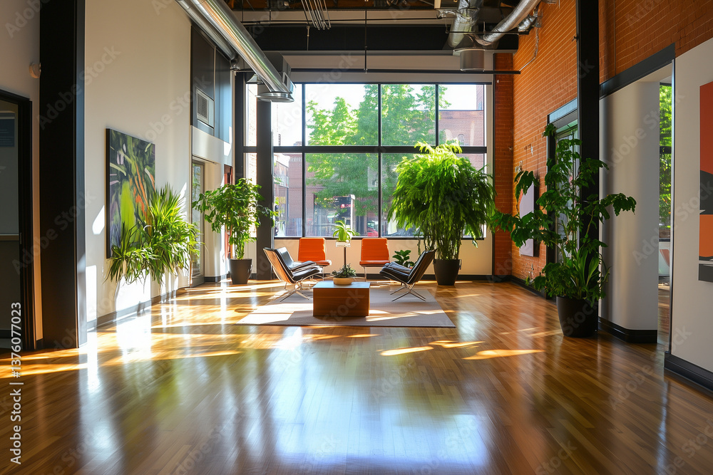 Industrial Lounge Area with Indoor Plants and Natural Light