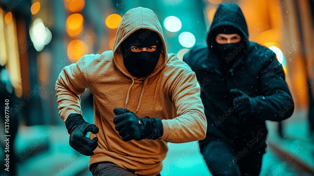 Criminal activity at dusk: Two shadowy figures fleeing through the city