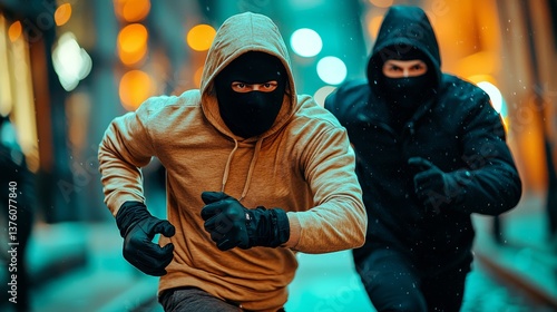 Obraz na płótnie Criminal activity at dusk: Two shadowy figures fleeing through the city w salonie