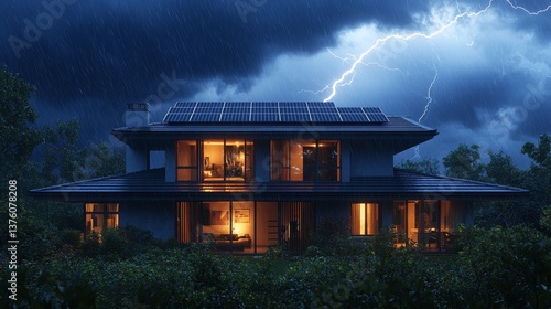 Modern home with solar panels during a powerful thunderstorm at night