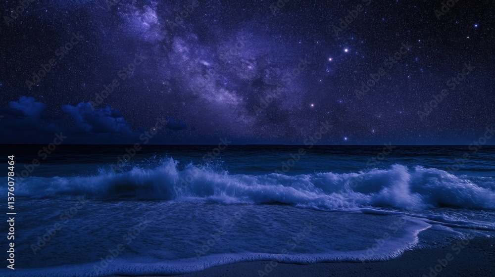 Naklejka premium Stunning night beach scene with Milky Way galaxy over crashing ocean waves under starry sky. Peaceful coastal landscape with deep blue and purple tones, glowing white foam contrasting dark water.