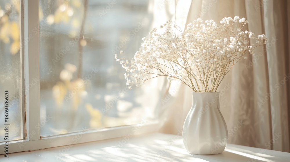 serene white vase filled with delicate dried flowers sits on bright tabletop near window, allowing soft sunlight to illuminate scene, creating peaceful atmosphere