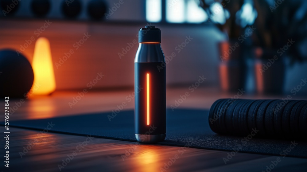 A sleek smart water bottle with an LED hydration tracker glowing softly, placed on a gym bench next to a yoga mat, representing modern fitness technology A sleek smart water bottle with an LED hydration tracker glowing softly, placed on a gym bench next to a yoga mat, representing modern fitness technology