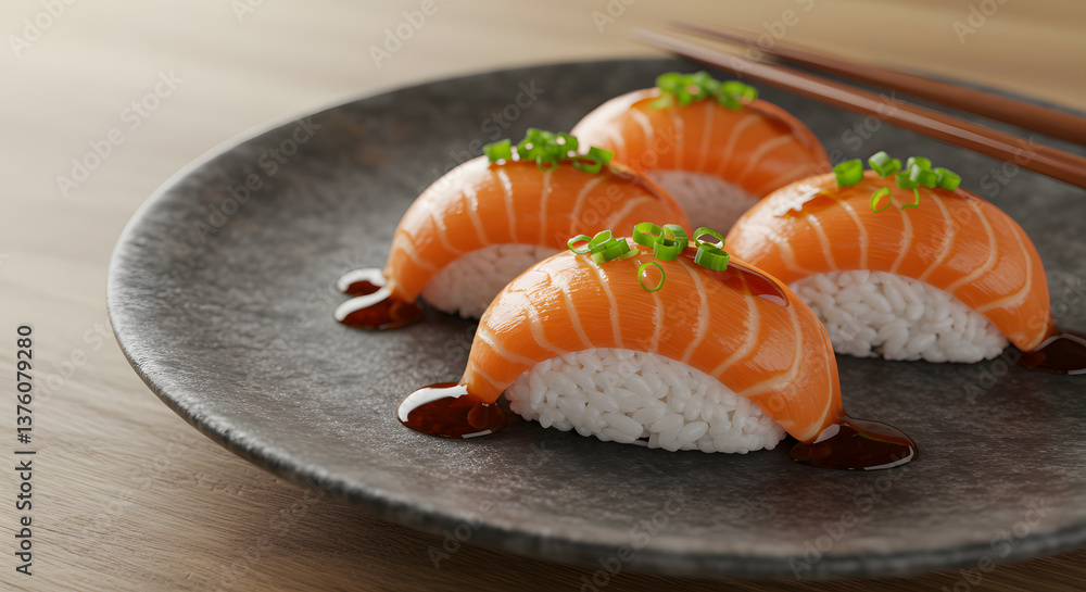 Gourmet Salmon Nigiri Sushi on Dark Stone Plate with Soy Glaze Gourmet Salmon Nigiri Sushi on Dark Stone Plate with Soy Glaze