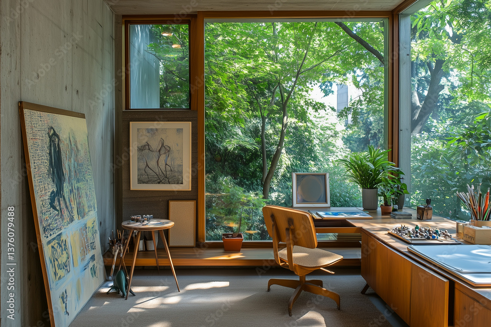 Cozy Home Office with Large Window and Forest View