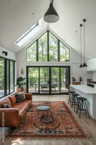Modern Cabin Living Room with Vaulted Ceiling and Forest Backdrop
