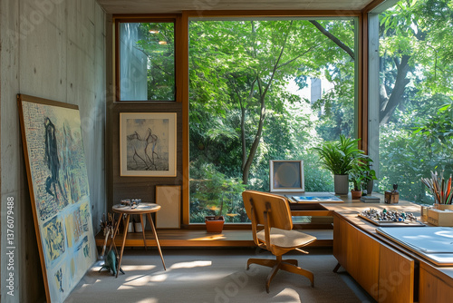 Obraz na płótnie Cozy Home Office with Large Window and Forest View w salonie