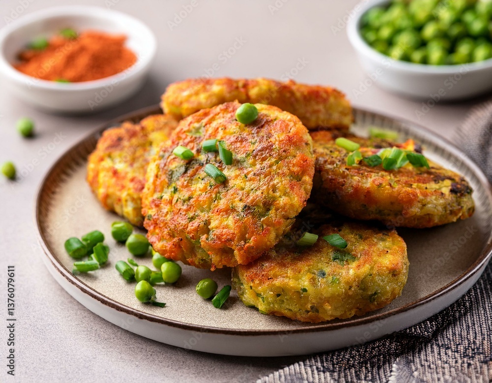 Fried vegetable patties on a plate. Yummy patties made of potatoes, green peas, carrot and Fried vegetable patties on a plate. Yummy patties made of potatoes, green peas, carrot and