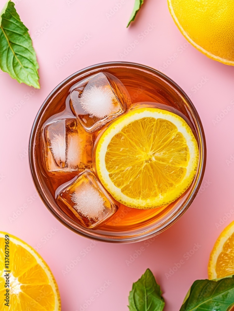 A refreshing beverage in a glass filled with ice and garnished with lemon slices, surrounded by fresh lemons and mint leaves, against a soft pink background. A refreshing beverage in a glass filled with ice and garnished with lemon slices, surrounded by fresh lemons and mint leaves, against a soft pink background.