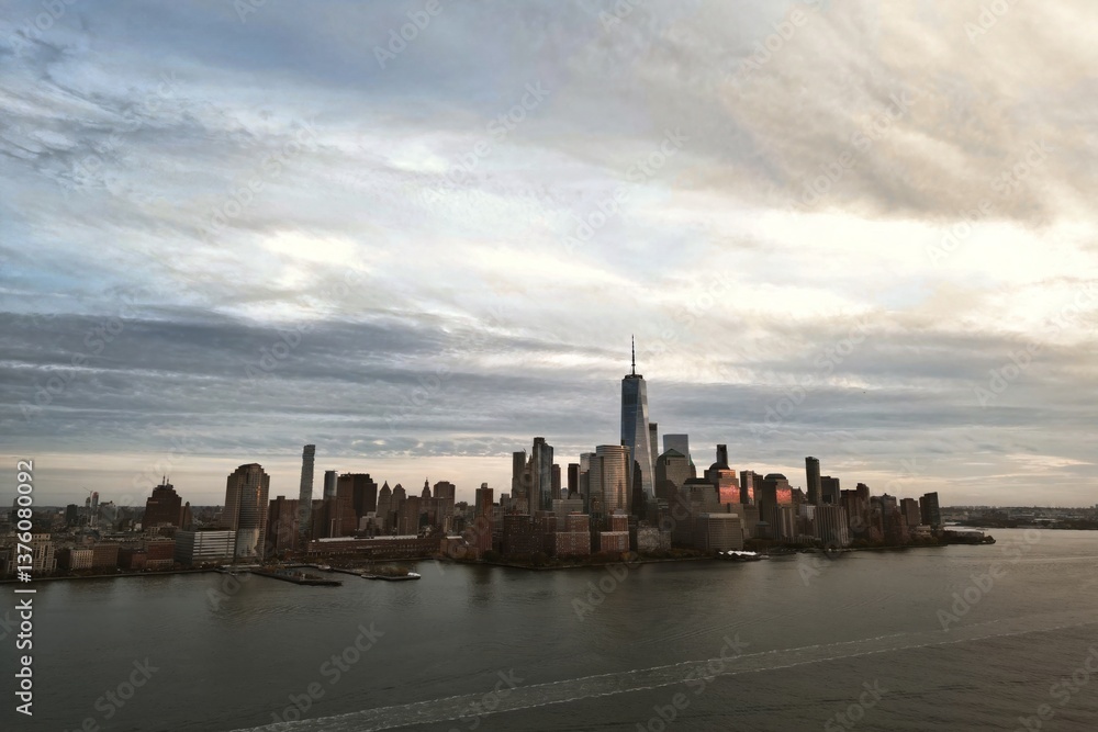 Obraz premium New York city Manhattan skyline from New Jersey. Manhattan over the Hudson river. NYC cityscape, aerial view. Manhattan downtown skyline with urban skyscrapers. New York Manhattan from above.