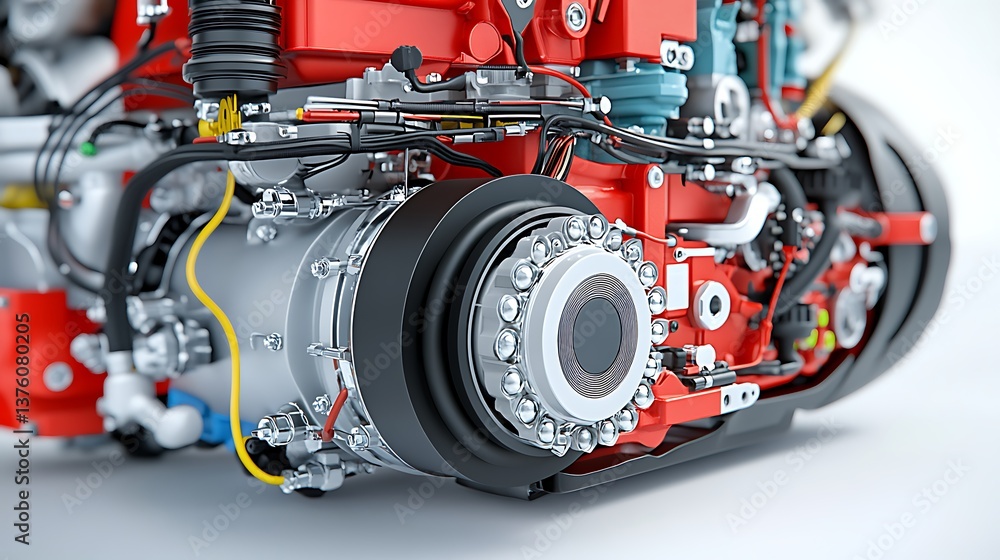 Fototapeta premium Large Red Engine Close Up Showcasing Detailed Components with Black Base and Multiplex Wiring