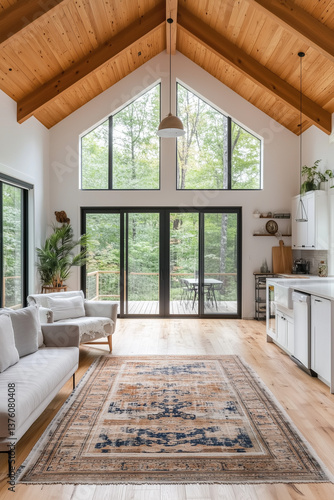 Scandinavian Living Room with Vaulted Ceiling and Tree Views