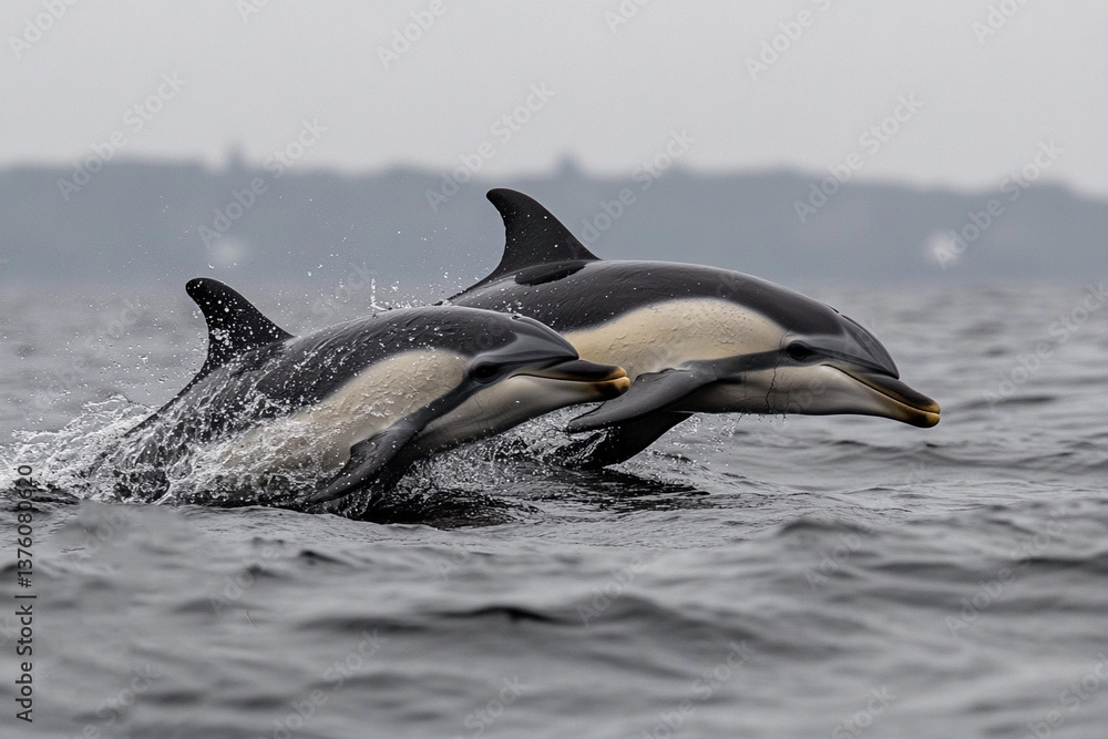 Obraz premium Dolphins jumping out of the water together during calm ocean waters at dawn