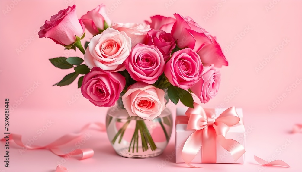 Pink roses, glass vase, romantic gift, soft lighting, pastel background, Valentine's Day, floral arrangement, delicate petals, ribbon bow, feminine aesthetic, close-up photography. Pink roses, glass vase, romantic gift, soft lighting, pastel background, Valentine's Day, floral arrangement, delicate petals, ribbon bow, feminine aesthetic, close-up photography.