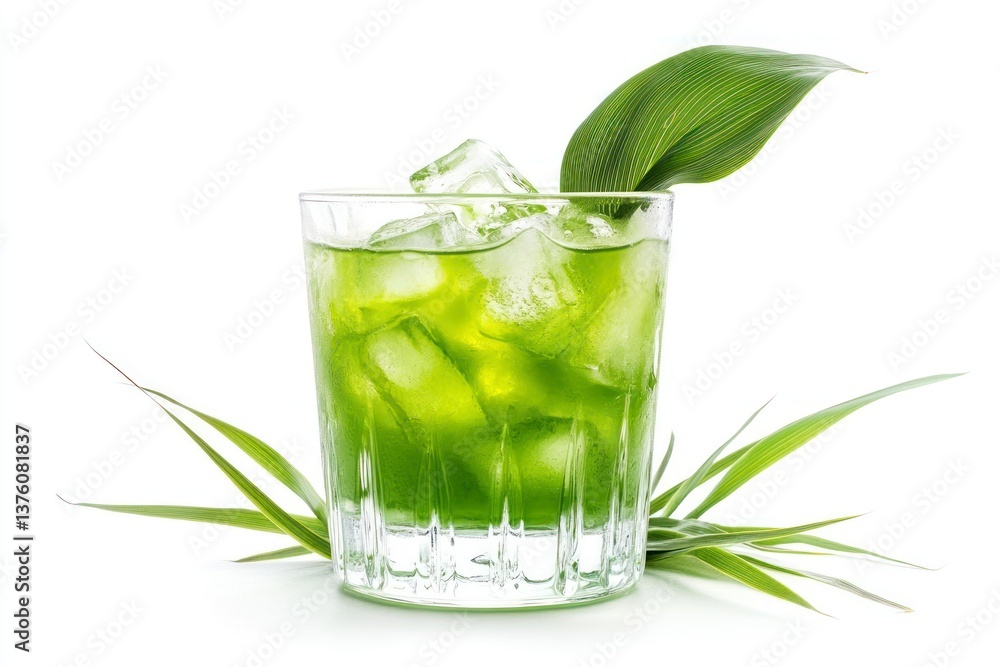 Refreshing Green Cocktail with Ice and Leaf Garnish on White Background Refreshing Green Cocktail with Ice and Leaf Garnish on White Background