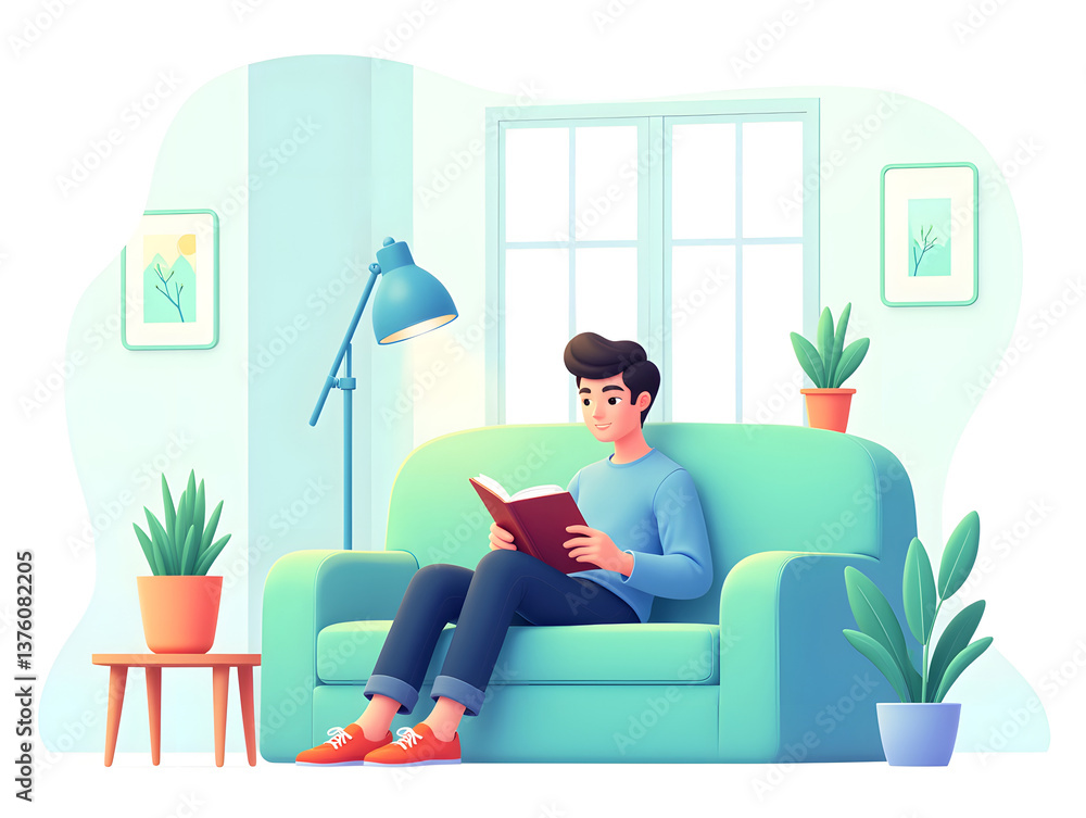 Fototapeta premium World Book Day, boy reading book scene illustration, education learning concept illustration