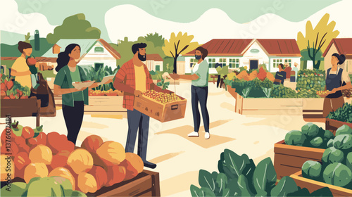 Farmers market scene with diverse people buying fresh produce from wooden crates.