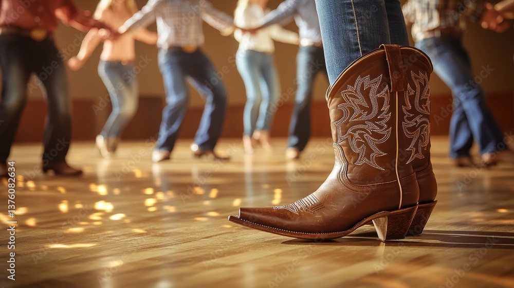 Country western boot stands out against a backdrop of dancing revelers