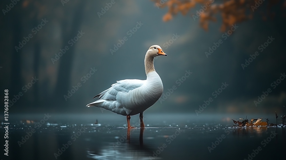 Obraz premium Serene Goose Standing on One Leg by a Reflective Pond, with Soft Evening Light Highlighting Its Graceful Posture and Feathers