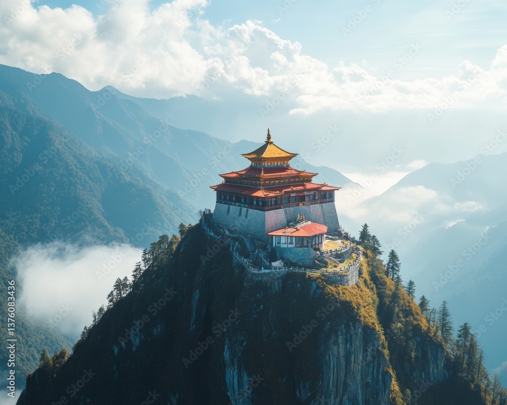 Mountaintop temple, red and gold architecture, misty mountain range background, aerial view, peaceful atmosphere, sunlight, serenity Mountaintop temple, red and gold architecture, misty mountain range background, aerial view, peaceful atmosphere, sunlight, serenity